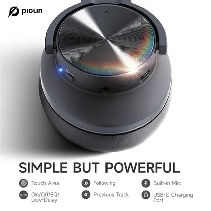 Black picun b8 bluetooth headphones with brushed metallic control panel and usb-c charging port wireless bluetooth 3eq
