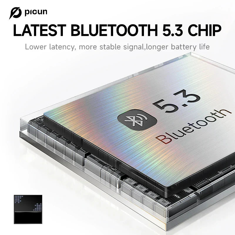 Silver metallic bluetooth 5.3 chip with brushed finish and black circuitry in picun b8 bluetooth headphones 120h model