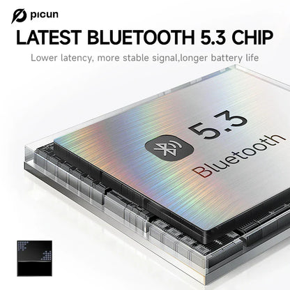 Silver metallic bluetooth 5.3 chip with brushed finish and black circuitry in picun b8 bluetooth headphones 120h model