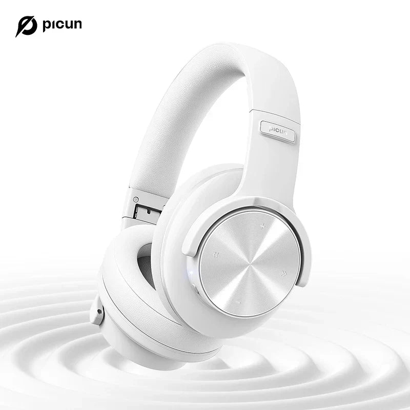 White picun b8 bluetooth headphones with wireless bluetooth 3eq and metallic silver control panel over ear design