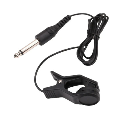 The picture shows package of black clip-on guitar pickup cable with 6.35mm male plug and textured grip handle