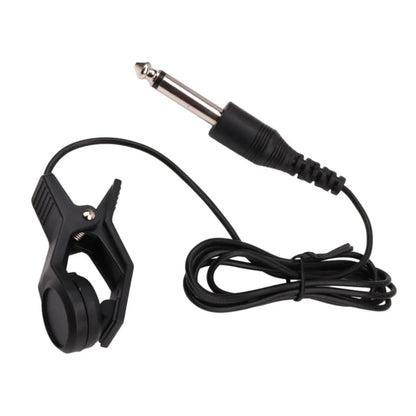 Black clip-on guitar pickup microphone cable with 6.35mm plug and coiled wire for easy attachment shows package