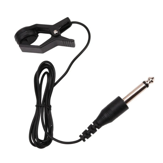 Picture shows black clip-on guitar pickup microphone cable with coiled wire and 6.35mm audio jack for string instruments