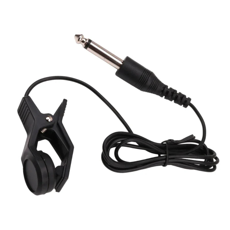 Picture shows black clip-on guitar pickup microphone cable with 6.35mm plug for piezo contact instruments