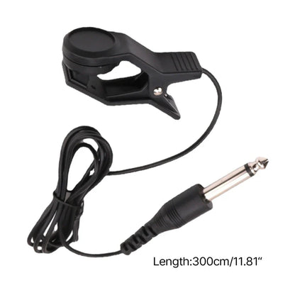 Image shows black plastic clip-on piezo contact microphone cable with 3.5mm jack for guitar pickup attachment