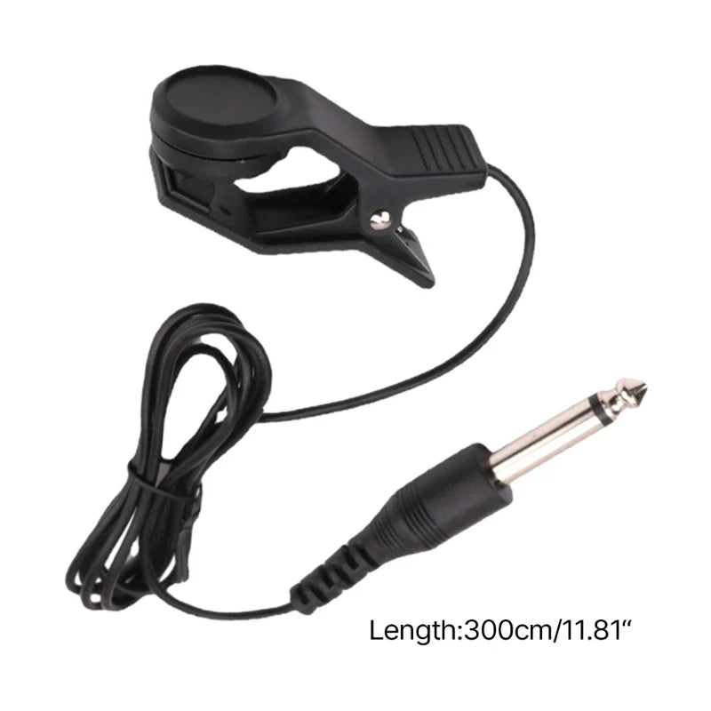 The picture shows package of a black plastic clip-on guitar pickup microphone cable with 3.5mm audio jack connector