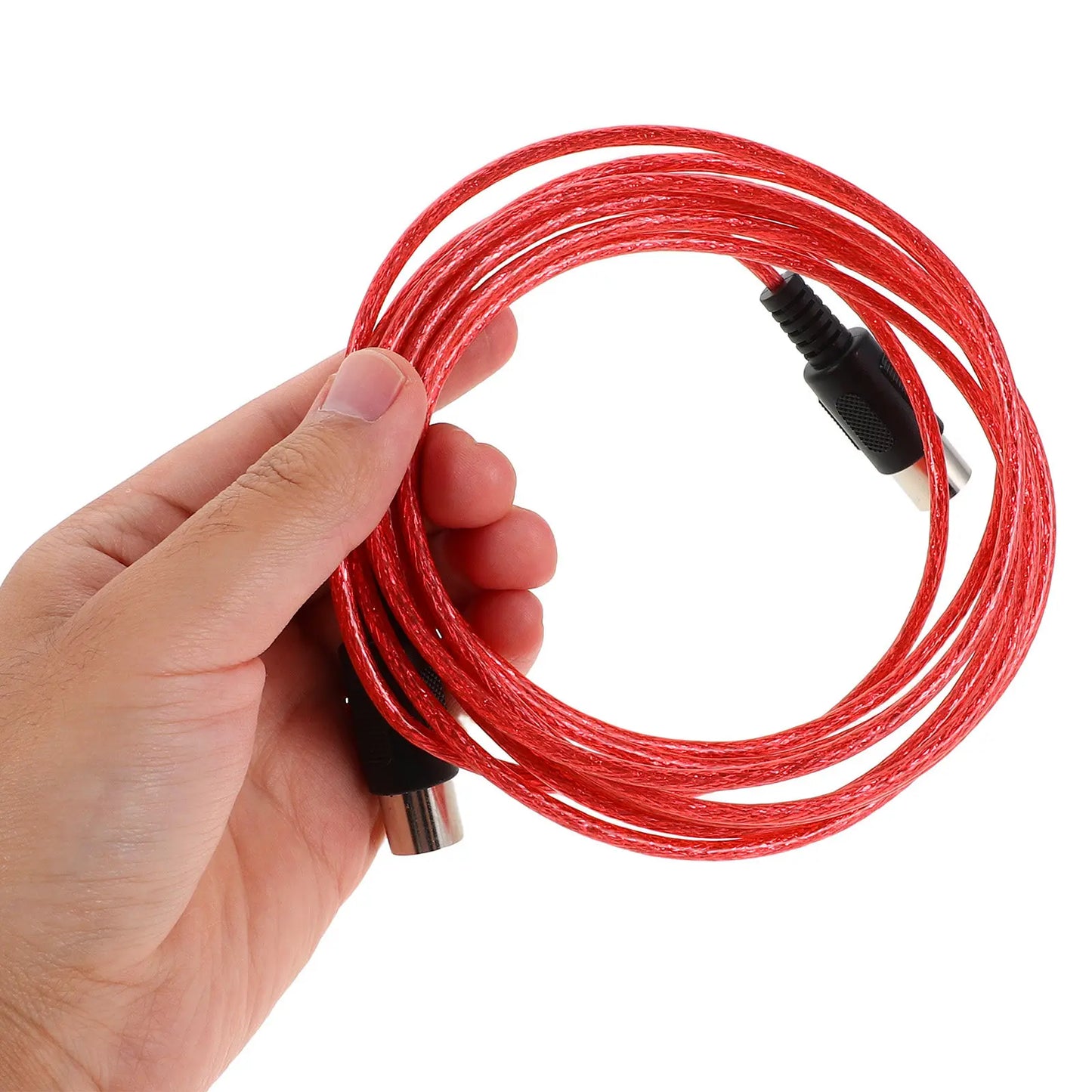 Red braided pin midi cable with black and silver connectors for digital piano synthesizer studio music production audio