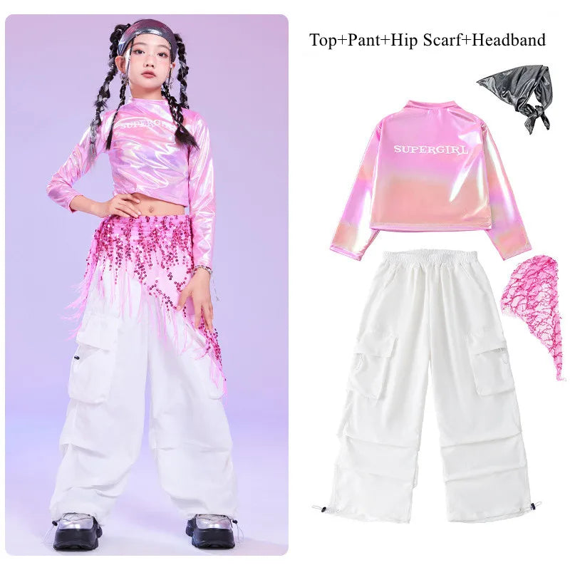 Shiny pink holographic long sleeve laser crop top with supergirl print for pink hip hop dance and sequin hip scarf outfits