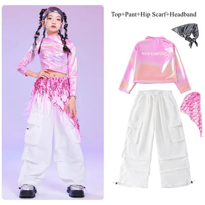 Shiny pink holographic long sleeve laser crop top with supergirl print for pink hip hop dance and sequin hip scarf outfits