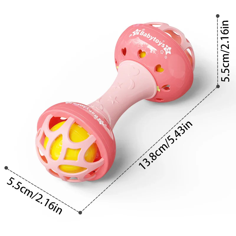 Pink ringtone handdrum baby toy made of durable ABS with heart cutouts and yellow ball inside for newborns and toddlers