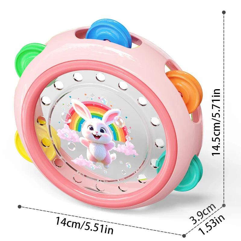 Pink ringtone handdrum baby toy made of durable ABS with colorful jingle bells and rainbow bunny design for toddlers