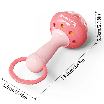 Pink plastic baby rattle with heart-shaped cutouts and dangling ring made of durable abs material for newborns and toddlers
