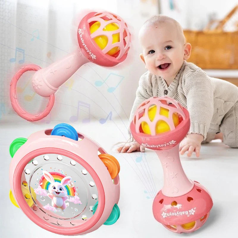 Pink ringtone handdrum baby toy made of durable abs material with colorful beads and rainbow bunny design for toddlers