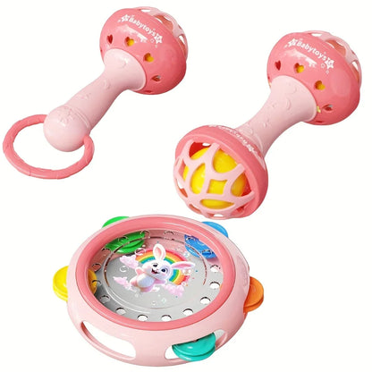 Pink ringtone handdrum baby toy made of durable abs material with rabbit and heart patterns and pink plastic rattles