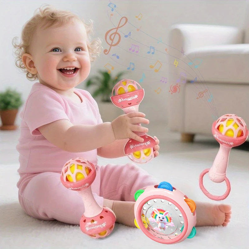 Pink ringtone handdrum baby toy with yellow interior heart cutouts made of durable abs material for newborns and toddlers