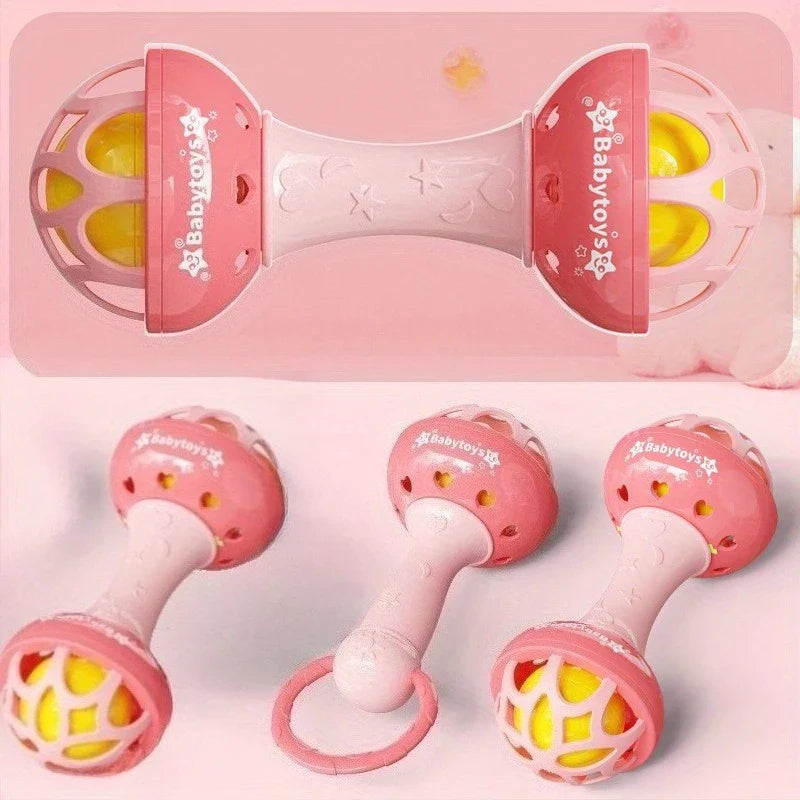 Pink and white baby ringtones handdrum toy with yellow interior balls made of durable abs material with rabbit and heart patterns
