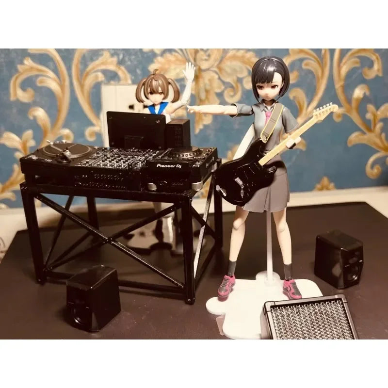Black electric guitar with light wood fretboard held by figurine in school uniform in pioneer dj pioneer candy toy model scene