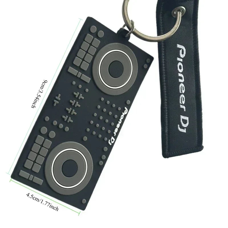 Black pioneer dj controller player keychain miniature model mixer with two jog wheels and grid of buttons