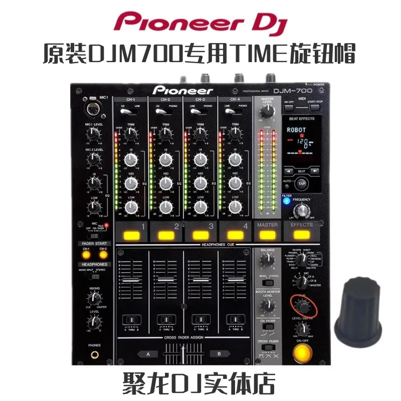 Black pioneer time cap djma9 v10 audio mixer with silver knobs and yellow illuminated buttons for professional use