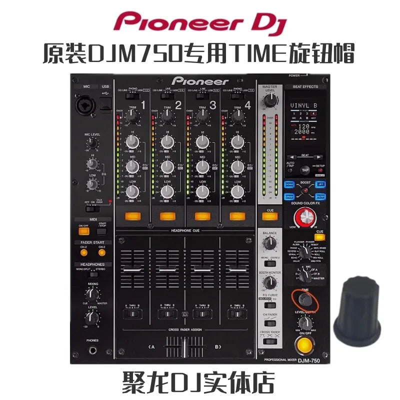 Black pioneer djm-750 professional mixer with silver knobs orange buttons and black rubber pioneer time cap beside it