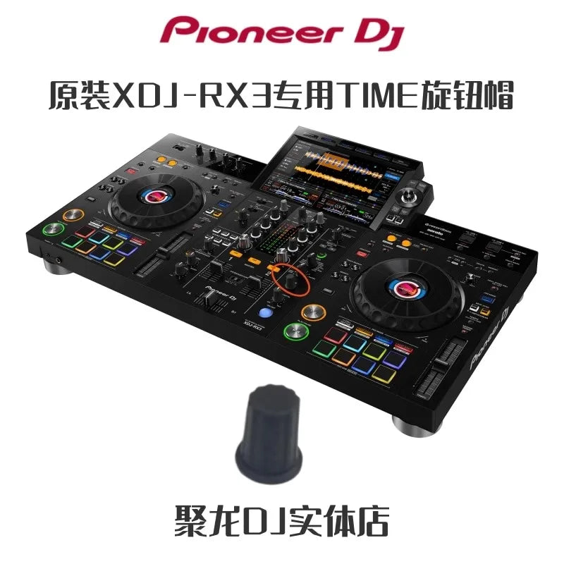 Black pioneer time cap xdjrx3 professional audio mixer with colorful illuminated buttons and central touchscreen display