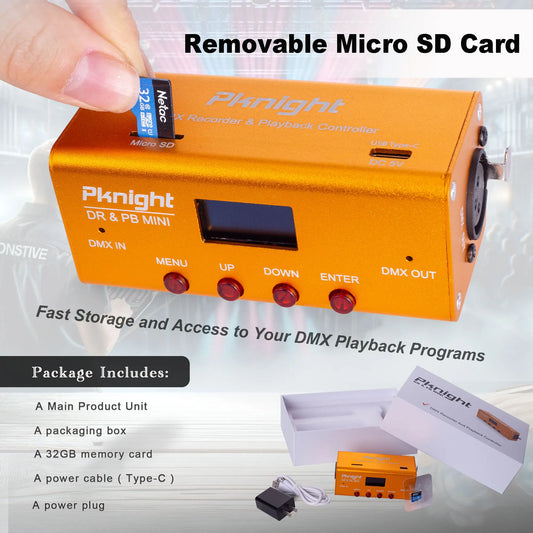 Orange pknight dmx recorder and playback controller with red buttons small screen and microsd slot for external device control
