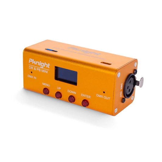 Orange metallic pknight dmx recorder and playback controller dr and pb mini with red buttons and removable micro sd card slot