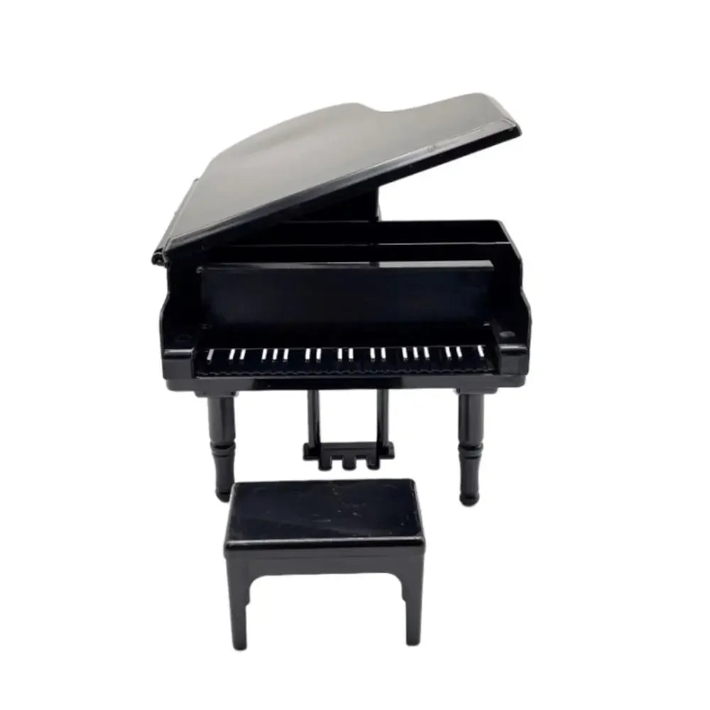 Black glossy plastic doll piano craft with matching stool part of multicolor miniature pianoforte doll accessories