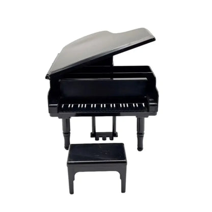 Black glossy plastic doll piano craft with matching stool part of multicolor miniature pianoforte doll accessories