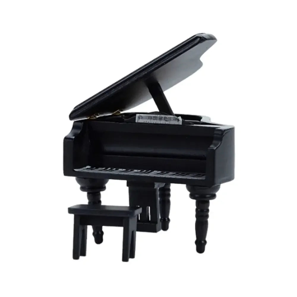 Black miniature grand piano with glossy wood finish and matching stool for doll piano craft and pianoforte doll accessories