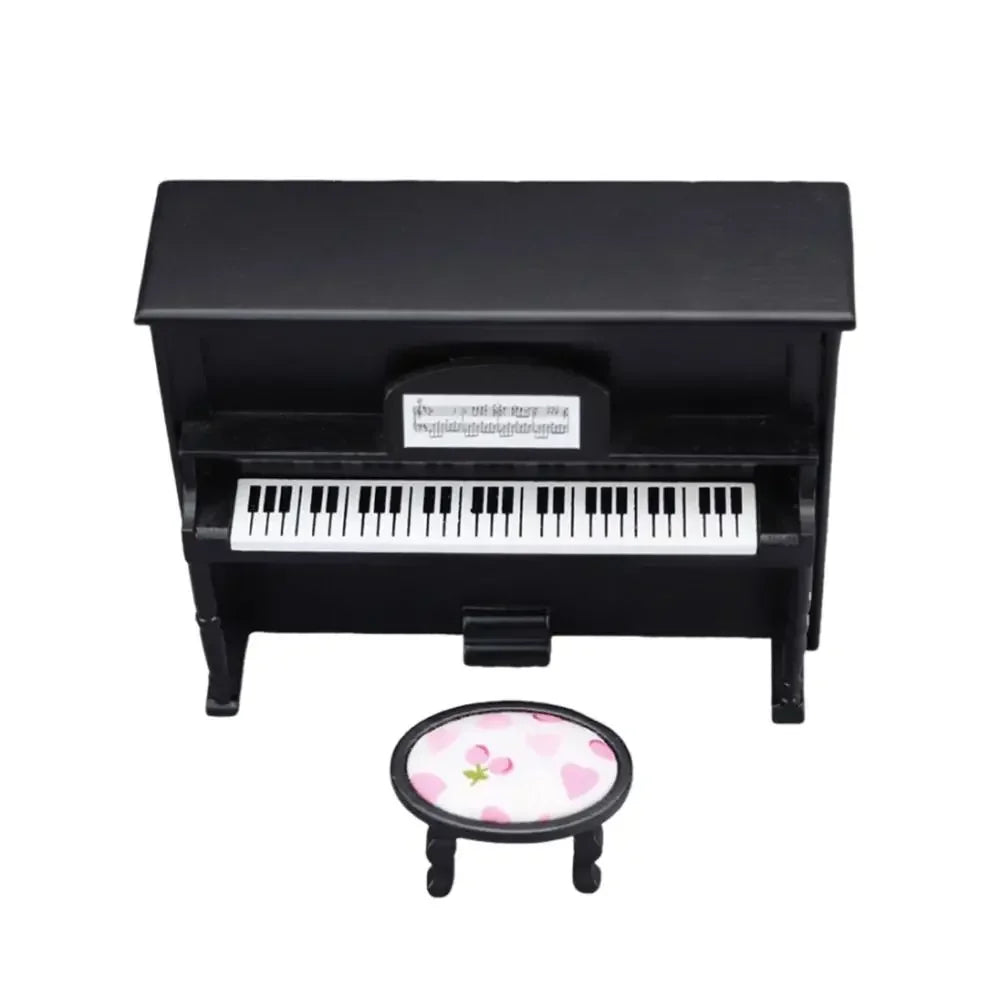 Black miniature upright doll piano craft with white keys and pink cherry patterned stool multicolor miniature pianoforte