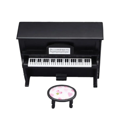 Black miniature upright doll piano craft with white keys and pink cherry patterned stool multicolor miniature pianoforte