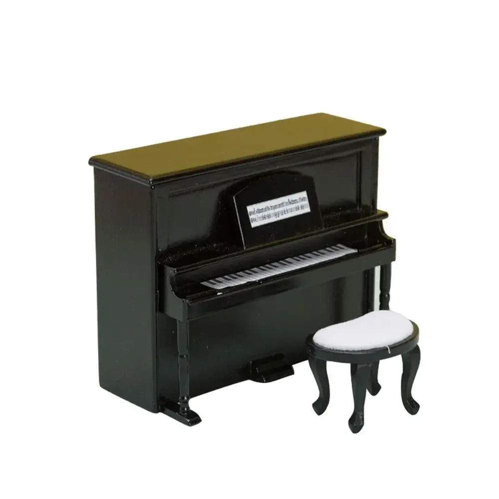 Black miniature upright doll piano craft with gold top white keys and matching black stool with white cushion for dollhouse use