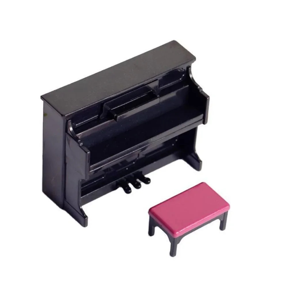 Black glossy miniature doll piano craft with matching legs and pink stool from multicolor miniature pianoforte accessories