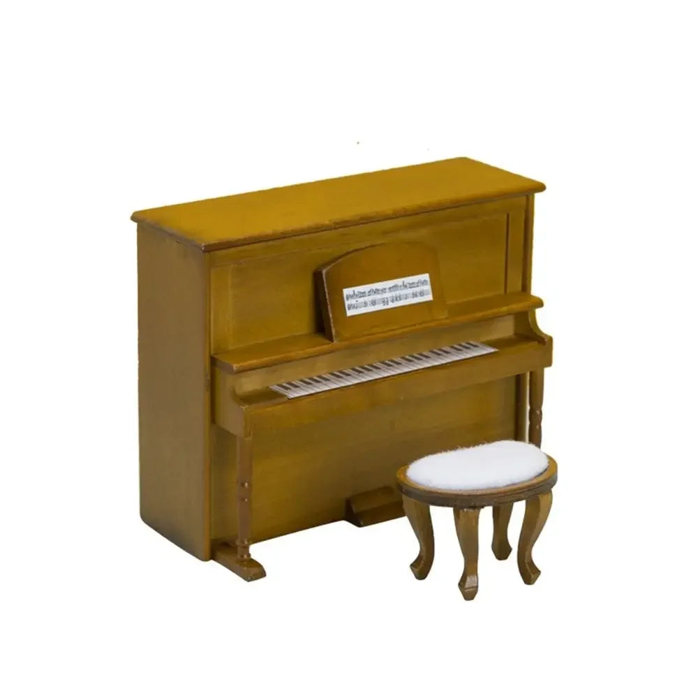 A miniature golden-brown wooden doll piano craft with white and black keys included in pianoforte doll accessories