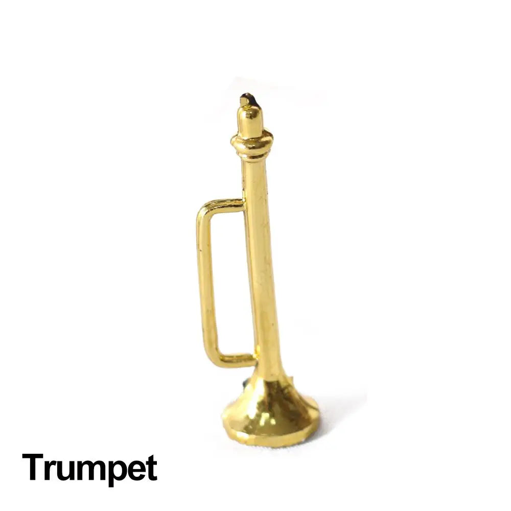 Golden miniature trumpet charm with polished metallic finish and classic brass design for pianoforte doll accessories