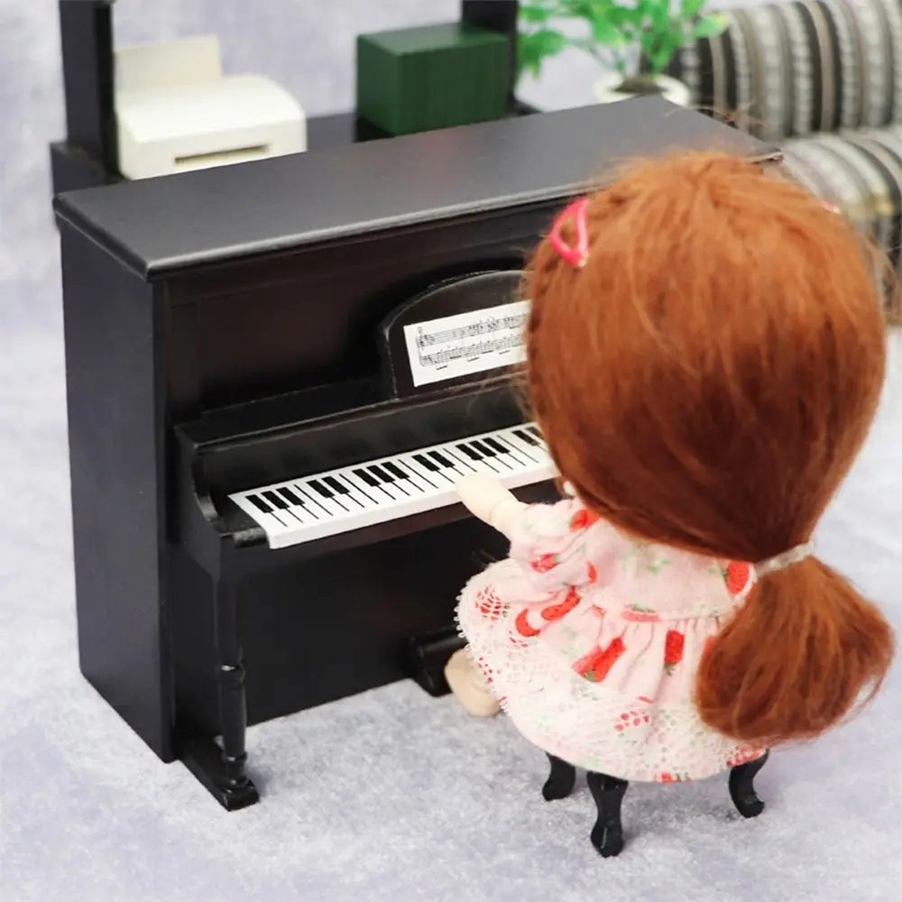 Black miniature wooden doll piano craft with white and black keys and front plaque multicolor miniature pianoforte doll accessories