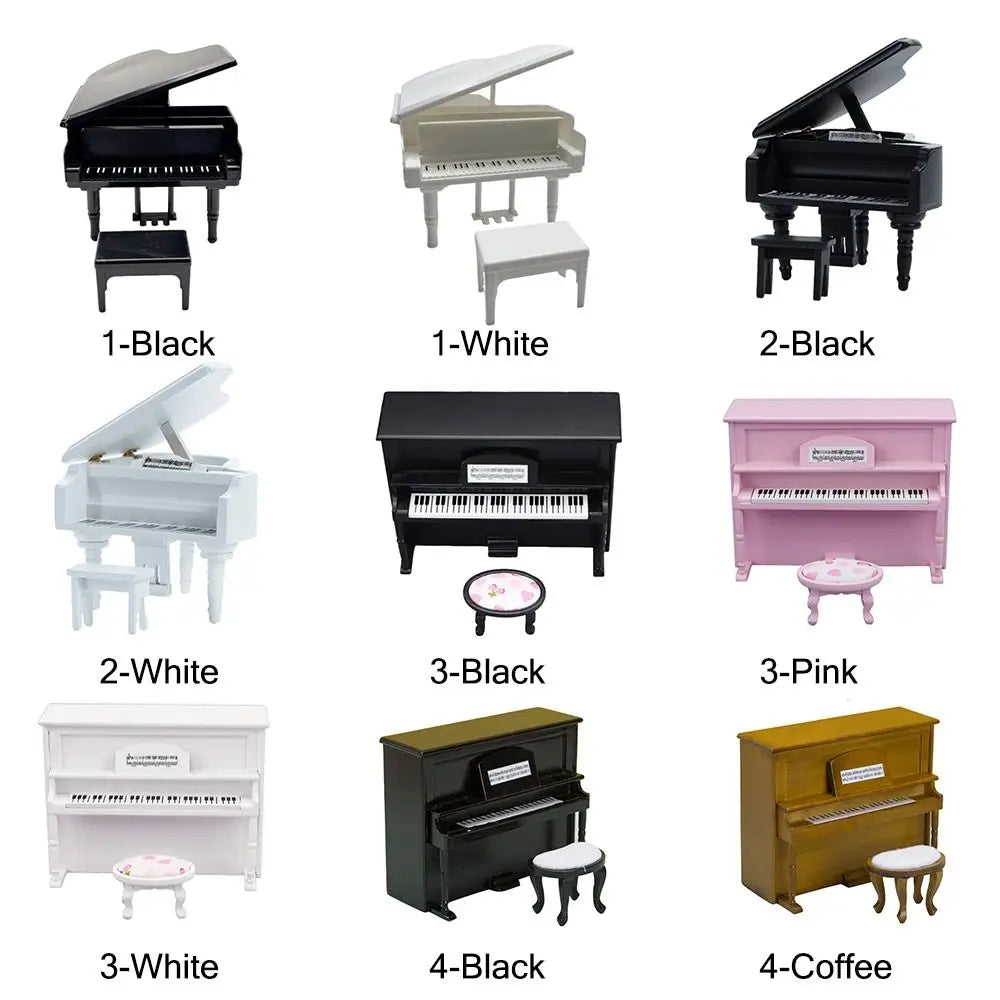 Miniature grand doll pianos in black white pink and coffee finishes with matching stools for doll piano craft use