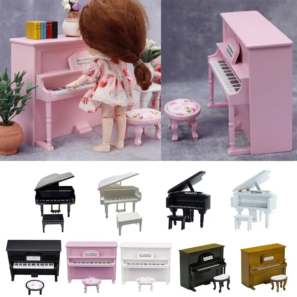 Pink miniature doll piano craft with matching stool featuring detailed keys in multicolor miniature pianoforte design