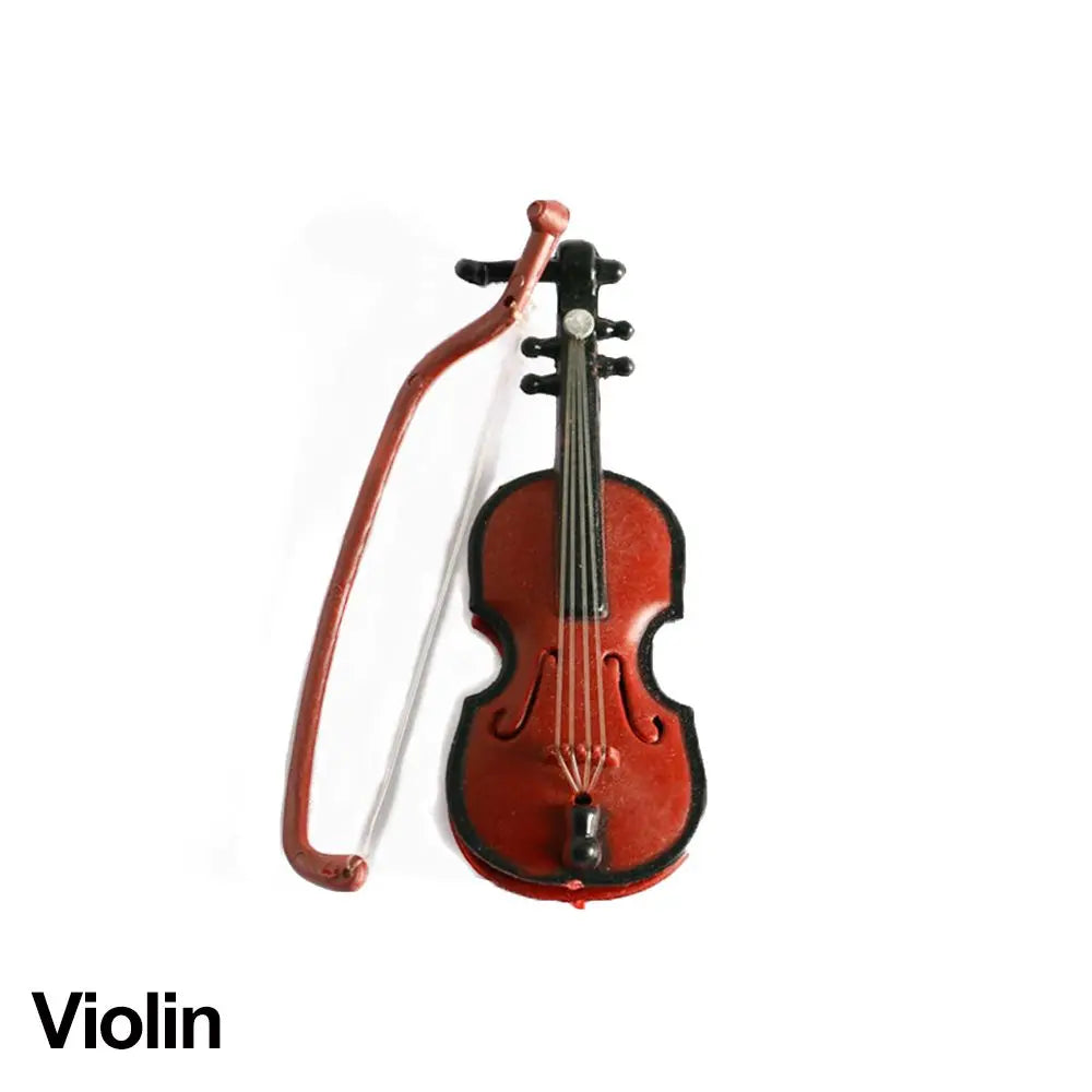 Red miniature violin with black accents and matching bow made of painted plastic for pianoforte doll accessories