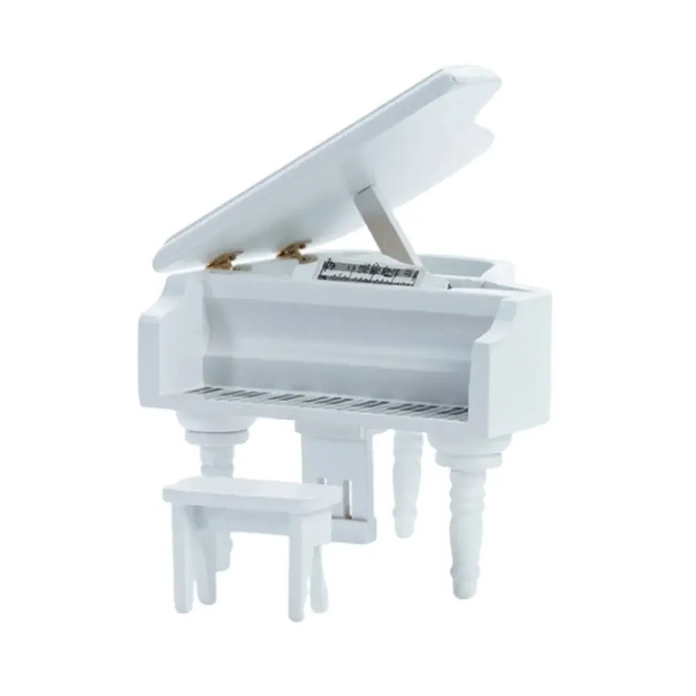White miniature grand piano and matching stool crafted from painted wood as doll piano craft pianoforte doll accessories