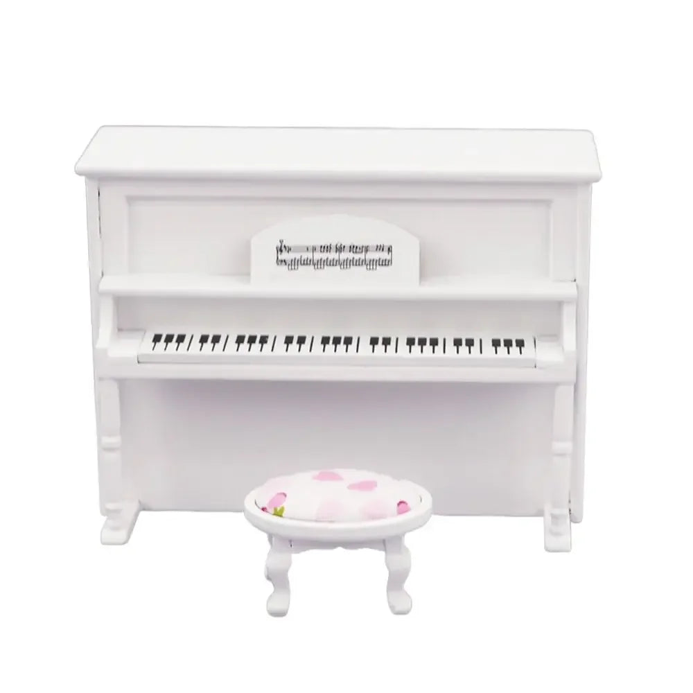 White miniature upright doll piano craft with black keys and decorative music sheet plaque for pianoforte doll accessories