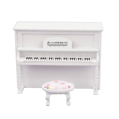 White miniature upright doll piano craft with black keys and decorative music sheet plaque for pianoforte doll accessories