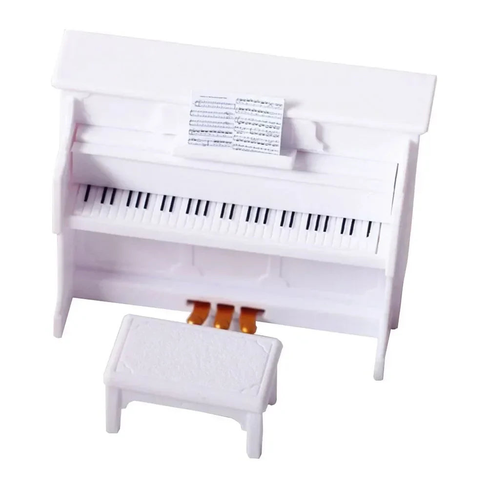 White miniature doll piano craft with black keys gold pedals and matching stool multicolor miniature pianoforte doll accessories