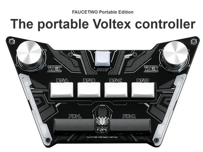 Black and silver pocket voltex sdvx djmax controller arcade with angular design metallic knobs white buttons and start button