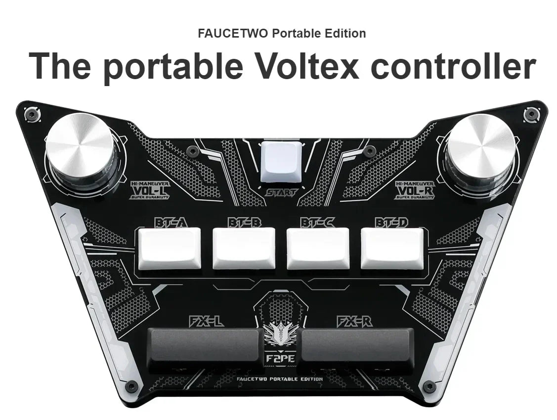 Black and silver pocket voltex sdvx djmax controller arcade with metallic knobs white buttons and central start button
