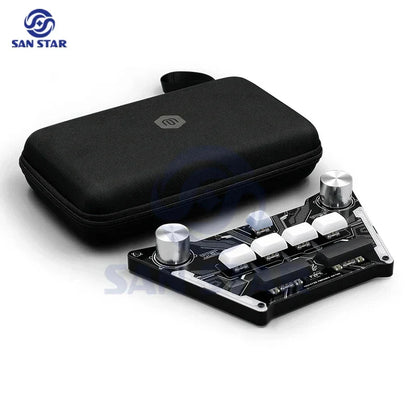 Black and silver pocket voltex sdvx djmax controller arcade with white keycaps and metallic knobs in protective case