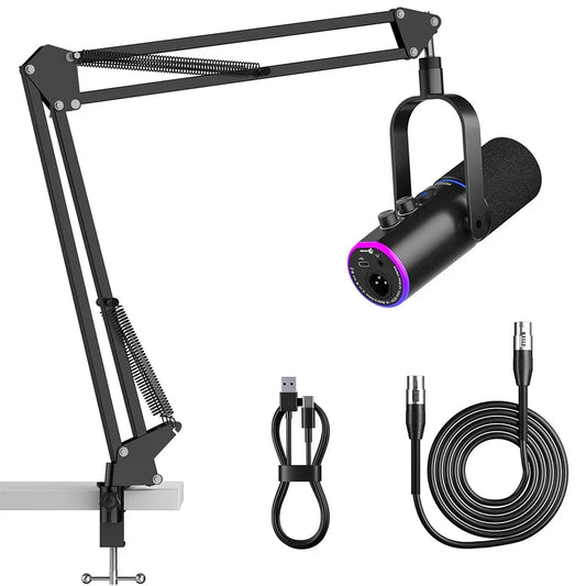 Black podcast dynamic microphone with purple accent ring and silver logo mounted on adjustable boom arm for broadcast podcast recording