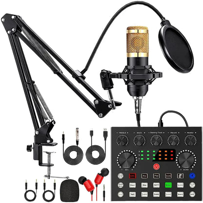 Black and gold bm800 microphone with metal shock mount and pop filter on adjustable arm in podcast equipment bundle setup