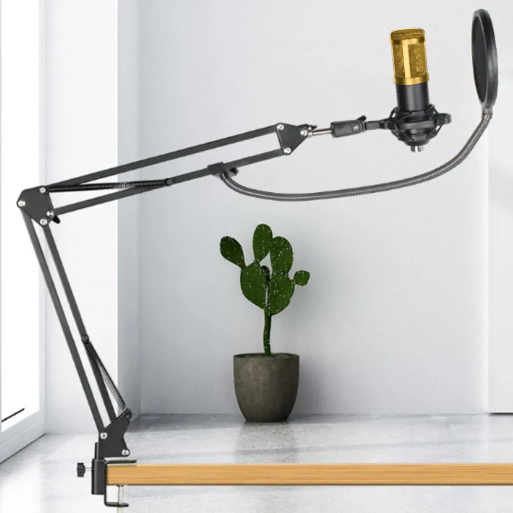 Black adjustable desk microphone stand with gold bm800 microphone and metal shock mount in podcast equipment bundle